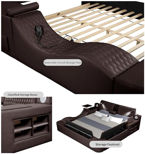 JIEJIEGAO Multifunction Queen Bed Frame, Luxury Leather Bed Frame with Adjustable Headboard Massage Recliner/USB Port/Music Speaker/Storage Footstool/Storage Shelf, Modern Smart Bed(Brown)
