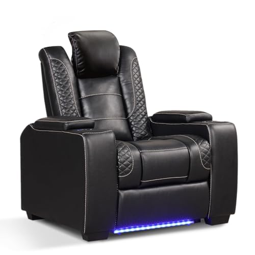 ANJ Power Home Theater Seating, PU Leather Electric Recliner Chair with Adjustable Powered Headrest, Dual Motor Movie Reclining Chairs with LED Lights,USB port, Cup Holders, Hidden Arm Storage (Black)