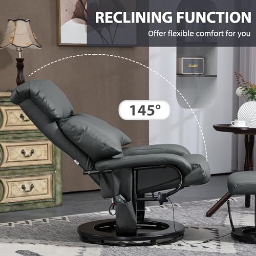 HOMCOM Massage Recliner Chair with Ottoman, 360° Swivel Recliner and Footstool, PU Leather Reclining Chair with Side Pocket and Remote Control, Gray