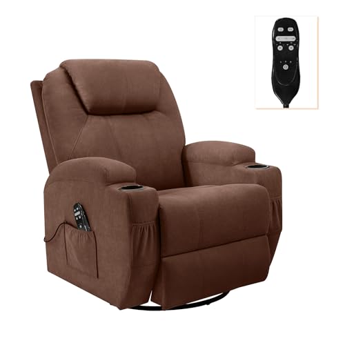 Flamaker Rocking Chair Recliner Chair with Massage Swivel Ergonomic Lounge Chair Classic Single Sofa with 2 Cup Holders Side Pockets Living Room Chair Home Theater Seat (Brown)