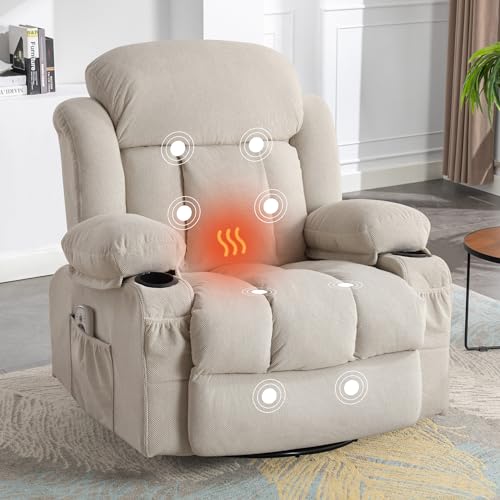 BOSMILLER Massage Recliner Chair, Swivel and Rocking Recliner with Heat and Vibration, Breathable Fabric Ergonomic Single Sofa Chair for Living Room with Cup Holders, Side Pockets and USB