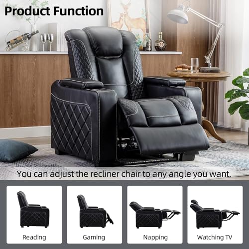 CANMOV Electric Power Recliner Chair with Ambient Lighting, Faux Leather Home Theater Seating Power Recliner with Adjustable Headrest, Cup Holders, Hidden Arm Storage, USB Ports (Single, Black)