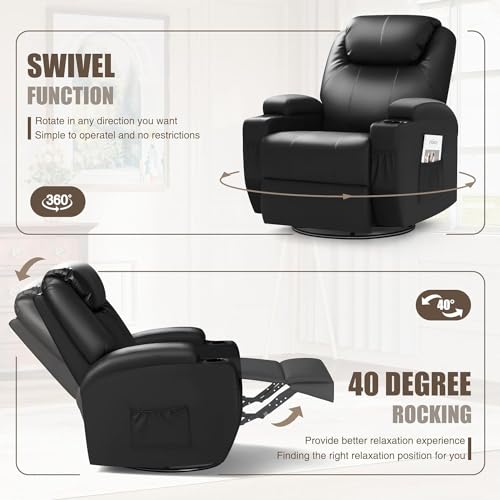 JUMMICO Recliner Chair, Rocking Massage Chairs, Home Reclining Sofa Chair, PU Leather, Ergonomic Living Room Chair with Cup Holders, Remote Control (Black)