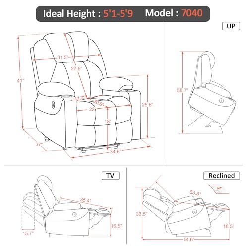MCombo Medium Power Lift Recliner Chair Sofa with Massage and Heat for Elderly, 3 Positions, Cup Holders, and USB Ports, 2 Side Pockets, Fabric 7040 (Medium, Yale Blue)