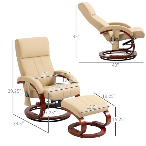 HOMCOM Recliner Chair with Ottoman, Electric Faux Leather Recliner with 10 Vibration Points and 5 Massage Mode, Reclining Chair with Remote Control, Swivel Wood Base and Side Pocket, Beige
