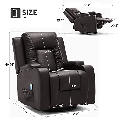 COMHOMA Recliner Chair, PU Rocking Chair for Adults, Swivel Recliner with Cup Holders, Heat and Massage, Single Sofa Seat with Side Pockets for Living Room, Bedroom (Brown)