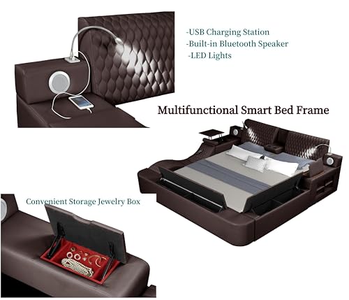 JIEJIEGAO Multifunction Queen Bed Frame, Luxury Leather Bed Frame with Adjustable Headboard Massage Recliner/USB Port/Music Speaker/Storage Footstool/Storage Shelf, Modern Smart Bed(Brown)
