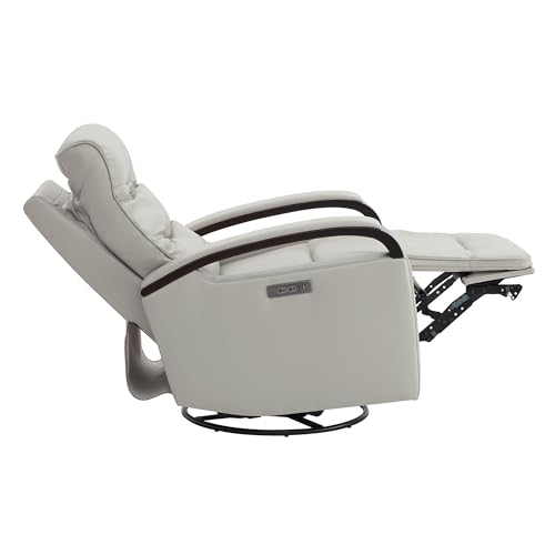 CHITA Genuine Leather Power Swivel Glider Rocker Recliner, FSC Certified USB Charge Power Headrest Wooden Armrest Double Layer Backrest Recliner Chair Sofa for Living Room and Nursery-Light Grey