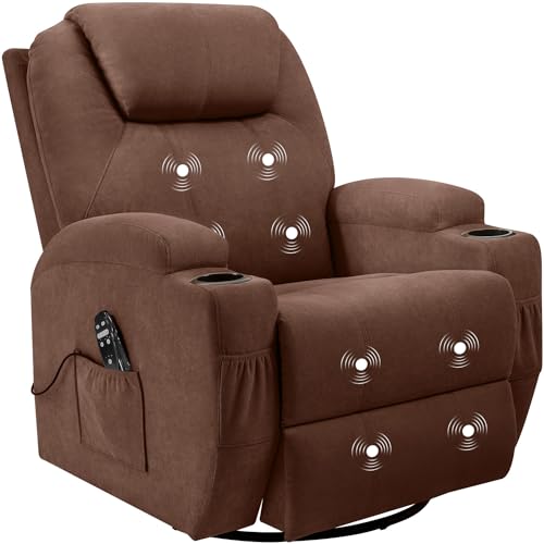 Flamaker Rocking Chair Recliner Chair with Massage Swivel Ergonomic Lounge Chair Classic Single Sofa with 2 Cup Holders Side Pockets Living Room Chair Home Theater Seat (Brown)