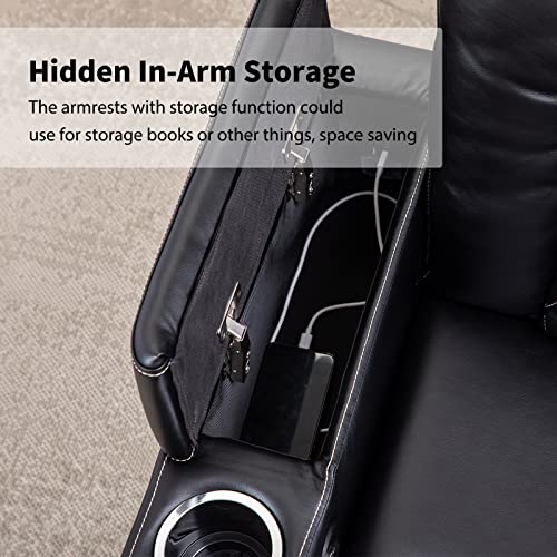 ANJ Electric Power Recliner Chair Soft Leather Reclining with USB Ports and Cup Holders, Black Home Theater Seating with Hidden Arm Storage Movie & Media Room Chairs