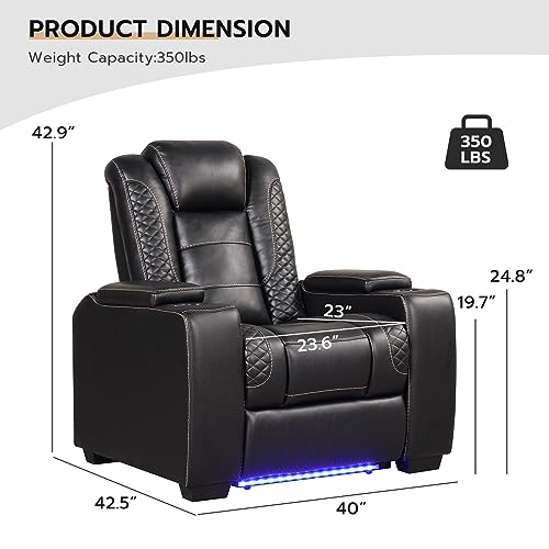ANJ Power Home Theater Seating, PU Leather Electric Recliner Chair with Adjustable Powered Headrest, Dual Motor Movie Reclining Chairs with LED Lights,USB port, Cup Holders, Hidden Arm Storage (Black)