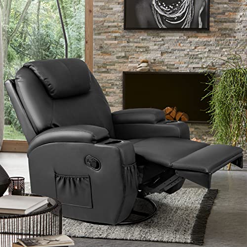 YESHOMY Swivel Rocker Recliner with Massage and Heating Functions, Sofa Chair with Remote Control and Two Cup Holders, Suitable for Living Room, PU Leather Black