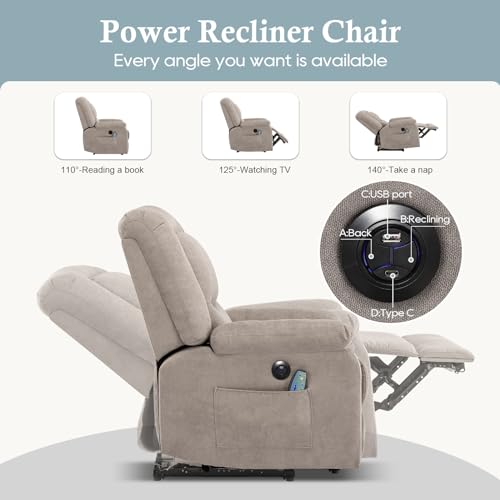 RIHEREFY Power Recliner Chair,Wall Hugger Recliner with Heat and Massage,Massage Chair Recliner with 2 Side Pockets, USB & Type-C Port,Electric Recliner Chair for Living Room