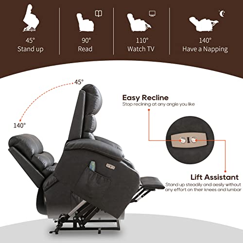 B BAIJIAWEI Power Lift Recliner Chair - Breath Leather Electric Recliner for Elderly - Heavy Duty Reclining Chair with Side Pockets, USB Charge Port & Massage Remote Control (Modern, Leather-Grey)