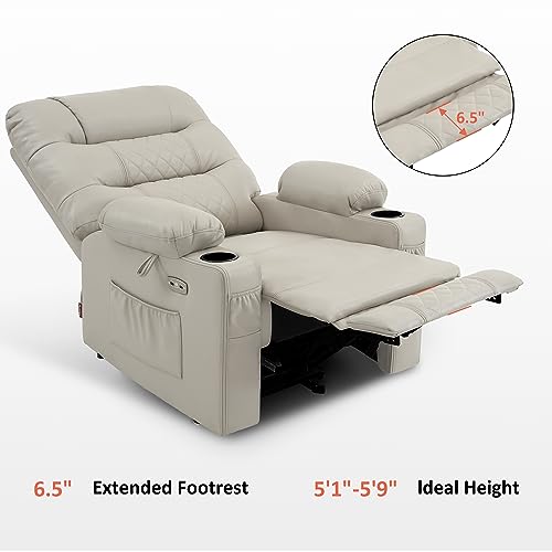 MCombo Power Recliner Chair with Heat and Massage, Cup Holder, USB Port, Extended Footrest, Faux Leather, Electric Reclining Sofa for Living Room PR621 (Light Grey) (No Lift)