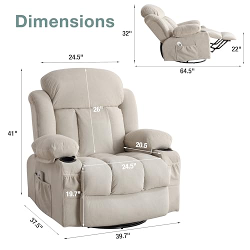 BOSMILLER Massage Recliner Chair, Swivel and Rocking Recliner with Heat and Vibration, Breathable Fabric Ergonomic Single Sofa Chair for Living Room with Cup Holders, Side Pockets and USB