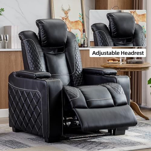 CANMOV Electric Power Recliner Chair with Ambient Lighting, Faux Leather Home Theater Seating Power Recliner with Adjustable Headrest, Cup Holders, Hidden Arm Storage, USB Ports (Single, Black)