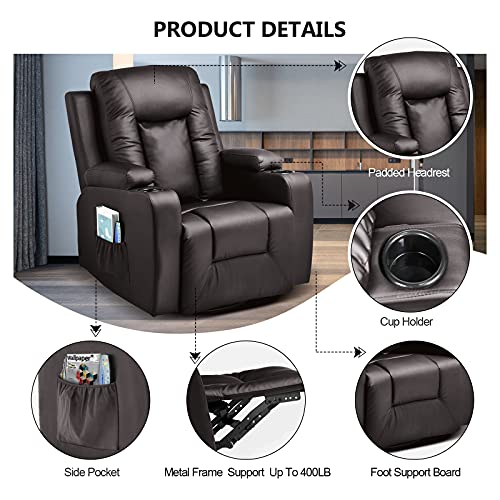 COMHOMA Recliner Chair, PU Rocking Chair for Adults, Swivel Recliner with Cup Holders, Heat and Massage, Single Sofa Seat with Side Pockets for Living Room, Bedroom (Brown)