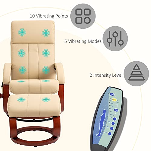 HOMCOM Recliner Chair with Ottoman, Electric Faux Leather Recliner with 10 Vibration Points and 5 Massage Mode, Reclining Chair with Remote Control, Swivel Wood Base and Side Pocket, Beige
