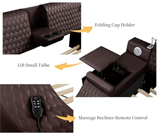 JIEJIEGAO Multifunction Queen Bed Frame, Luxury Leather Bed Frame with Adjustable Headboard Massage Recliner/USB Port/Music Speaker/Storage Footstool/Storage Shelf, Modern Smart Bed(Brown)