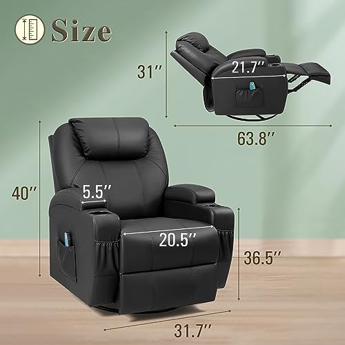 YESHOMY Swivel Rocker Recliner with Massage and Heating Functions, Sofa Chair with Remote Control and Two Cup Holders, Suitable for Living Room, PU Leather Black