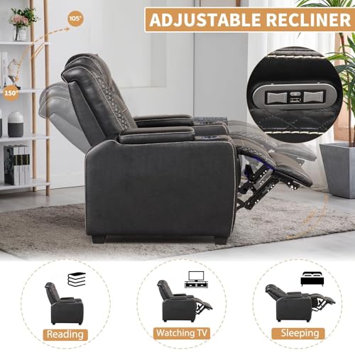 ANJ Power Home Theater Seating, PU Leather Electric Recliner Chair with Adjustable Powered Headrest, Dual Motor Movie Reclining Chairs with LED Lights,USB port, Cup Holders, Hidden Arm Storage (Black)