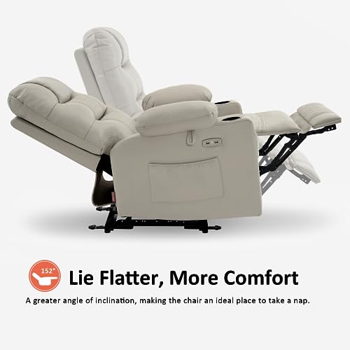 MCombo Power Recliner Chair with Heat and Massage, Cup Holder, USB Port, Extended Footrest, Faux Leather, Electric Reclining Sofa for Living Room PR621 (Light Grey) (No Lift)