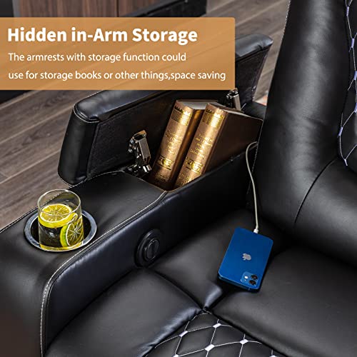 ANJ Power Recliner Chair with USB Ports and Cup Holders - Overstuffed Electric Home Theater Seating PU Leather Reclining Furniture with Hidden Arm Storage, Easy to Clean (Black)