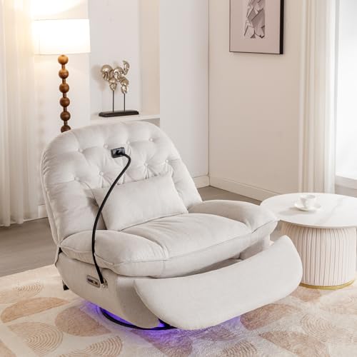 Merax Smart Power Recliner Chair with Voice Control, 270 Degree Swivel Single Sofa w/Bluetooth, USB Ports, Hidden Arm Storage, Atmosphere Lamp and Mobile Phone Holder, Beige