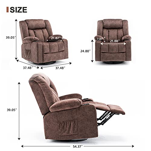 COMHOMA Recliner Chair Massage Rocker with Heated 360 Degree Swivel Lazy Boy Recliner Single Sofa Seat with Cup Holders for Living Room (Brown)