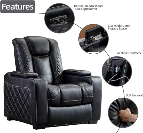 CANMOV Electric Power Recliner Chair with Ambient Lighting, Faux Leather Home Theater Seating Power Recliner with Adjustable Headrest, Cup Holders, Hidden Arm Storage, USB Ports (Single, Black)