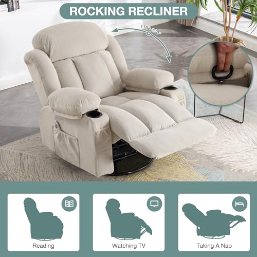 BOSMILLER Massage Recliner Chair, Swivel and Rocking Recliner with Heat and Vibration, Breathable Fabric Ergonomic Single Sofa Chair for Living Room with Cup Holders, Side Pockets and USB