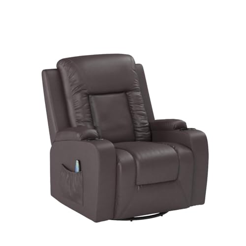 COMHOMA Recliner Chair, PU Rocking Chair for Adults, Swivel Recliner with Cup Holders, Heat and Massage, Single Sofa Seat with Side Pockets for Living Room, Bedroom (Brown)