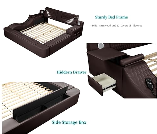 JIEJIEGAO Multifunction Queen Bed Frame, Luxury Leather Bed Frame with Adjustable Headboard Massage Recliner/USB Port/Music Speaker/Storage Footstool/Storage Shelf, Modern Smart Bed(Brown)