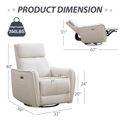 ANJ Power Rocker Recliner Chair with USB Port, Electric 270° Swivel Glider Recliners, Upholstered Leathaire Rocking Reclining Sofa Nursery Recliner for Living Room, Bedroom