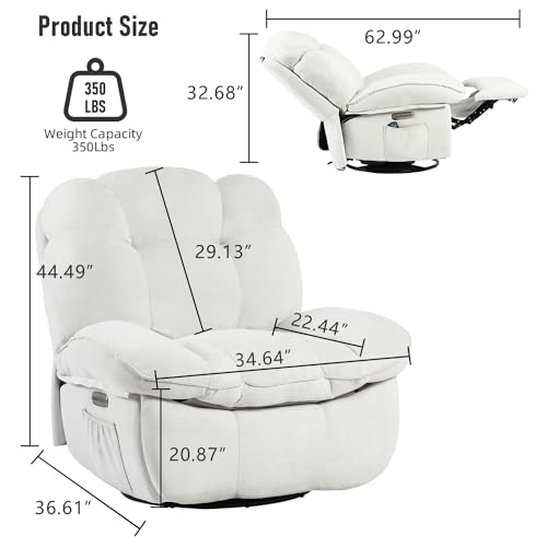 DYHOME Power Recliner Chair, Massage Chair Recliner with Heated, Modern Swivel Rocking Recliner Chairs for Adults with USB, USB-C, White Reclining Swivel Chairs for Living Room, Bedroom