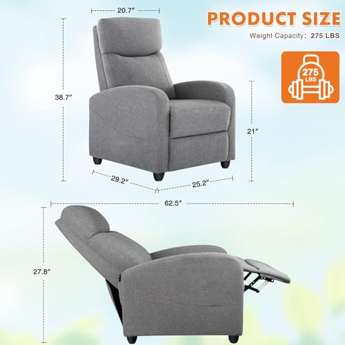 Sweetcrispy Recliner Chair for Adults, Massage Fabric Small Recliner Home Theater Seating with Lumbar Support, Adjustable Modern Reclining Chair with Padded Seat Backrest for Living Room (Deep Grey)
