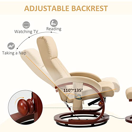 HOMCOM Recliner Chair with Ottoman, Electric Faux Leather Recliner with 10 Vibration Points and 5 Massage Mode, Reclining Chair with Remote Control, Swivel Wood Base and Side Pocket, Beige