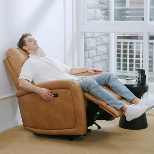 Watson & Whitely Power Recliner Chairs for Adults, Zero Wall Recliners W Power Headrest Type-C Charger, Small Faux Leather RV Recliners Home Theater Seating for Living Room, Cognac Brown