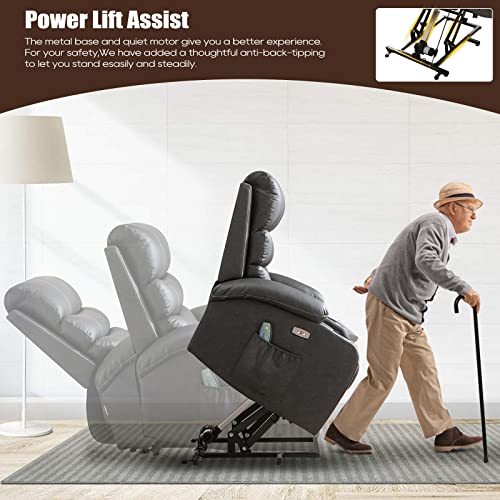 B BAIJIAWEI Power Lift Recliner Chair - Breath Leather Electric Recliner for Elderly - Heavy Duty Reclining Chair with Side Pockets, USB Charge Port & Massage Remote Control (Modern, Leather-Grey)