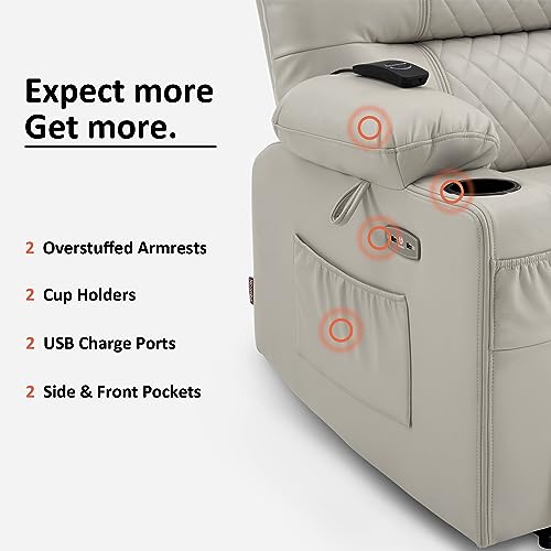 MCombo Power Recliner Chair with Heat and Massage, Cup Holder, USB Port, Extended Footrest, Faux Leather, Electric Reclining Sofa for Living Room PR621 (Light Grey) (No Lift)