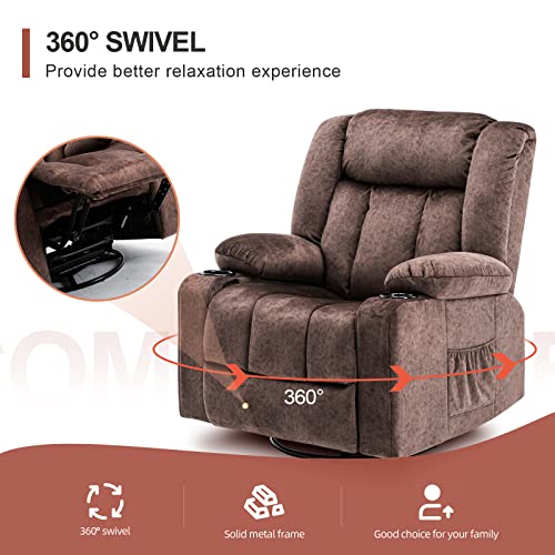 COMHOMA Recliner Chair Massage Rocker with Heated 360 Degree Swivel Lazy Boy Recliner Single Sofa Seat with Cup Holders for Living Room (Brown)