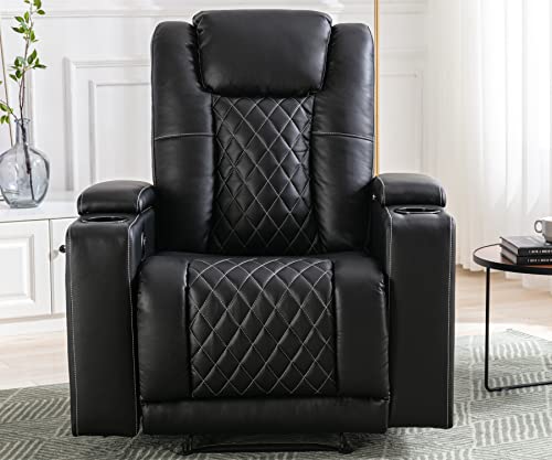 ANJ Electric Power Recliner Chair Soft Leather Reclining with USB Ports and Cup Holders, Black Home Theater Seating with Hidden Arm Storage Movie & Media Room Chairs