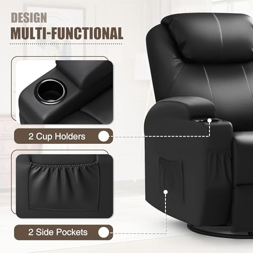 JUMMICO Recliner Chair, Rocking Massage Chairs, Home Reclining Sofa Chair, PU Leather, Ergonomic Living Room Chair with Cup Holders, Remote Control (Black)