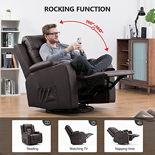 COMHOMA Recliner Chair, PU Rocking Chair for Adults, Swivel Recliner with Cup Holders, Heat and Massage, Single Sofa Seat with Side Pockets for Living Room, Bedroom (Brown)