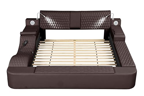 JIEJIEGAO Multifunction Queen Bed Frame, Luxury Leather Bed Frame with Adjustable Headboard Massage Recliner/USB Port/Music Speaker/Storage Footstool/Storage Shelf, Modern Smart Bed(Brown)