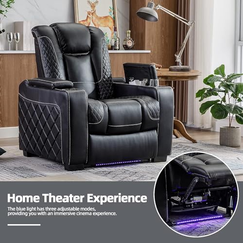 CANMOV Electric Power Recliner Chair with Ambient Lighting, Faux Leather Home Theater Seating Power Recliner with Adjustable Headrest, Cup Holders, Hidden Arm Storage, USB Ports (Single, Black)