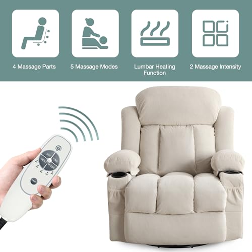 BOSMILLER Massage Recliner Chair, Swivel and Rocking Recliner with Heat and Vibration, Breathable Fabric Ergonomic Single Sofa Chair for Living Room with Cup Holders, Side Pockets and USB