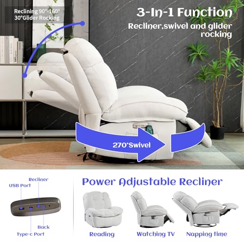 DYHOME Power Recliner Chair, Massage Chair Recliner with Heated, Modern Swivel Rocking Recliner Chairs for Adults with USB, USB-C, White Reclining Swivel Chairs for Living Room, Bedroom