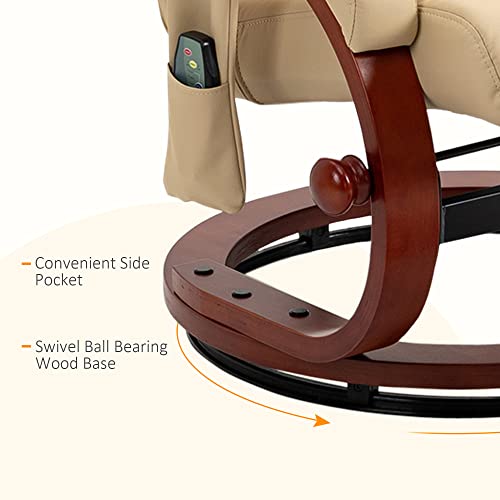 HOMCOM Recliner Chair with Ottoman, Electric Faux Leather Recliner with 10 Vibration Points and 5 Massage Mode, Reclining Chair with Remote Control, Swivel Wood Base and Side Pocket, Beige